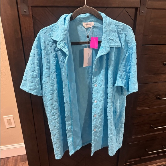 NWT LOVERS & FRIENDS Bright blue terry cloth floral button down sz M - Picture 1 of 3